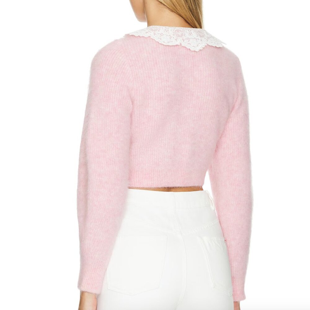 Self Portrait Fluffy Knit Cardigan Pink Lace Collar - Picture 2 of 10